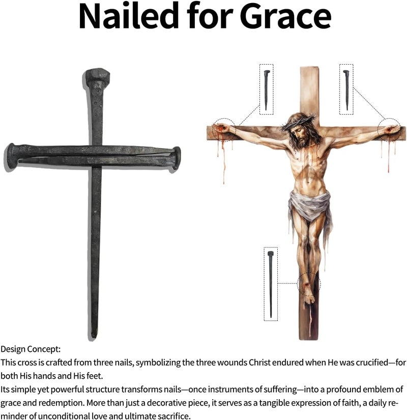 LeMeeOly Jesus Christ Crucifixion Nail Metal Cross Wooden Base, Baptism & Religious Gifts for Men Women,Christian Home Decor (Solid Wood Base) - Image 2